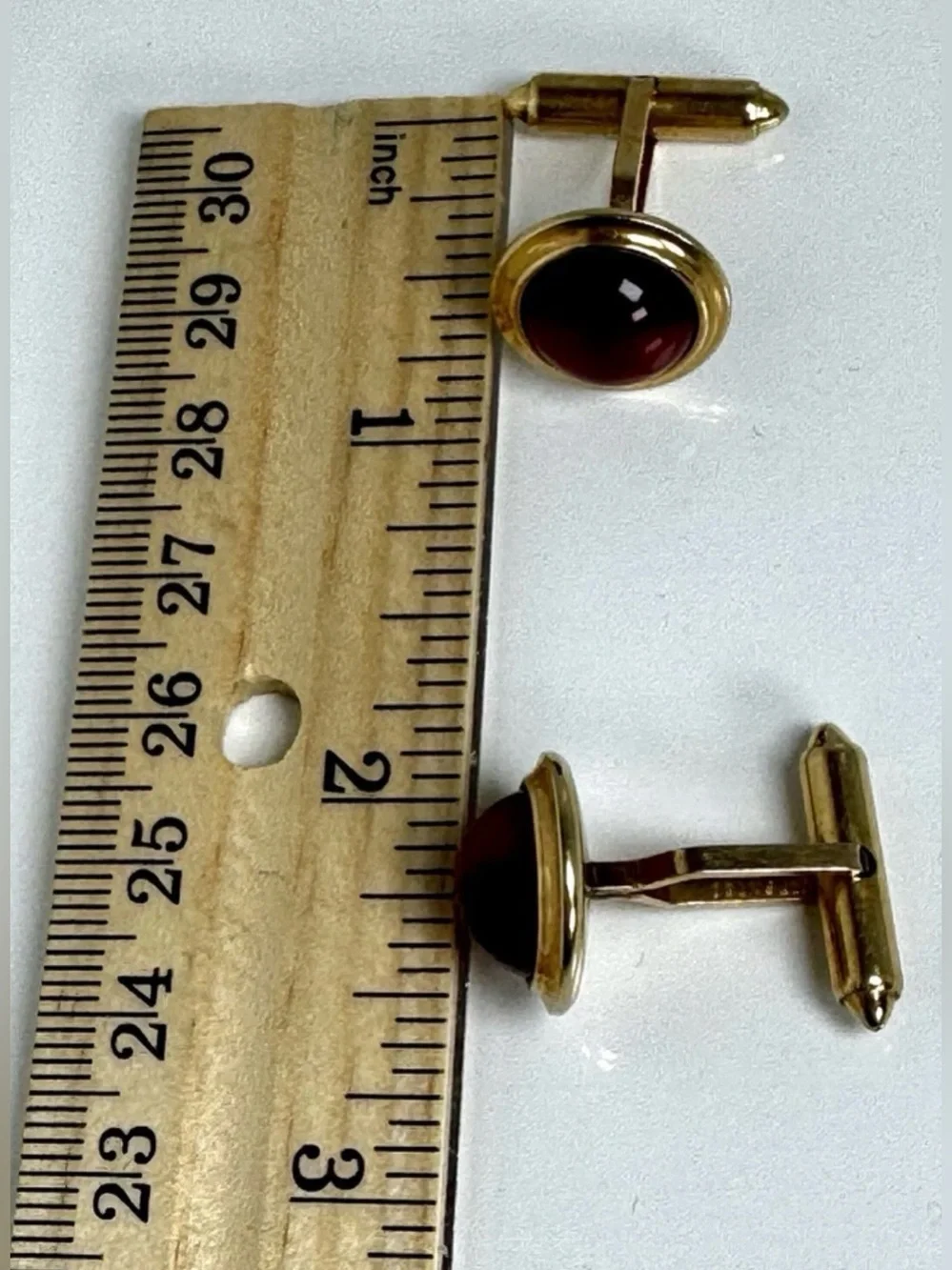 Krementz Gold Plated Red Cabochon Bullet Back Round Signed Men's Cufflinks #1543